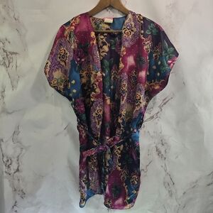 Vintage Robe Womens Medium Gold Satin Short Housecoat Bath Rose Floral 90s 80s